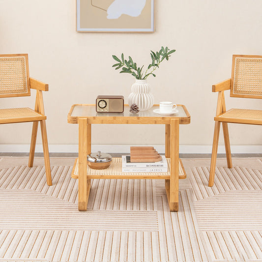 2-tier Compact Bamboo Side Table with PE Rattan Shelf