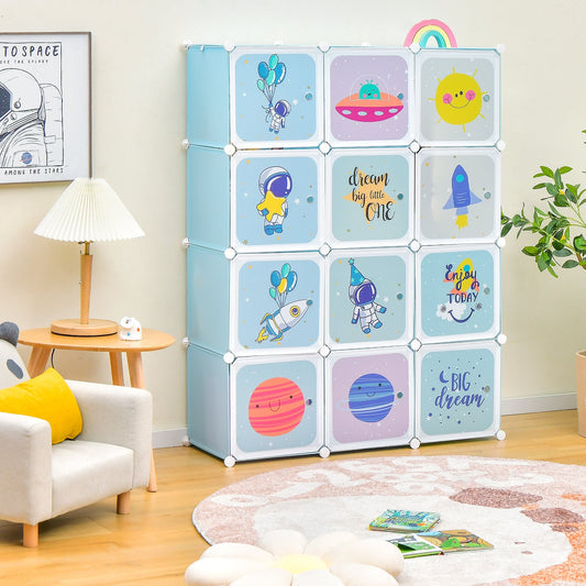 Portable Children Wardrobe with 12 Cubes and 2 Clothes Hanging Section-Blue