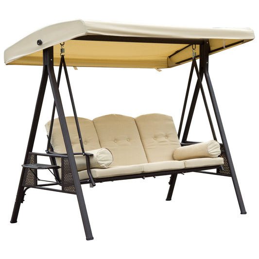 Steel Swing Chair Hammock Garden 3 Seater Canopy Cushion Shelter Beige