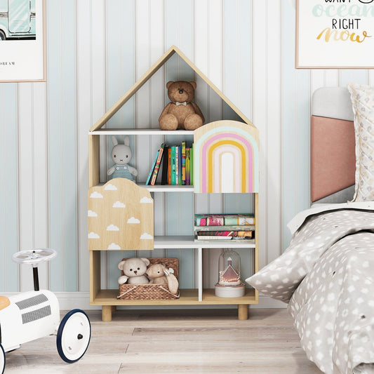 Kids Dollhouse Bookshelf with 2 Doors for Playroom Bedroom-Natural
