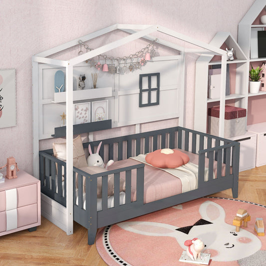 Kids Montessori Wood House Bed Bed with 2 Shelves and Guardrails-Gray & White-Single Size