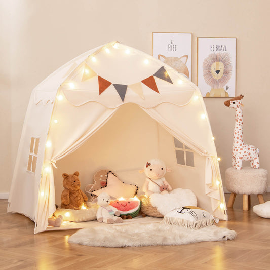 Kids Play Tent Bed Tent Extra Large with Lights for 3-12 Years Old-Beige