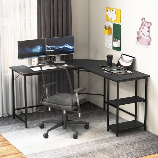 L-Shaped Computer Desk with 2-tier Shelves for Home Office Bedroom-Black