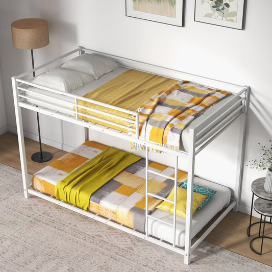 Low Profile Single Over Single Bunk Beds with Ladder and Full-length Guardrails-Black