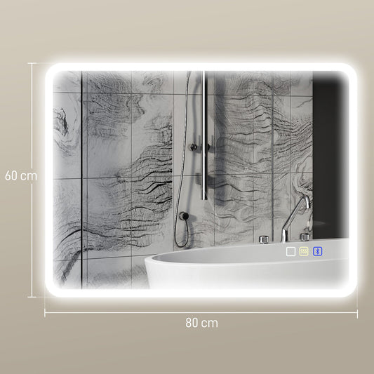 HOMCOM 60 x 80 cm Backlit Illuminated Bathroom Mirror with LED Lights and Bluetooth - Silver Tone