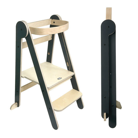 MamaToyz Folding Learning Tower Natural Beech Wood Montessori Child Safety Platform - Dark Grey / Natural