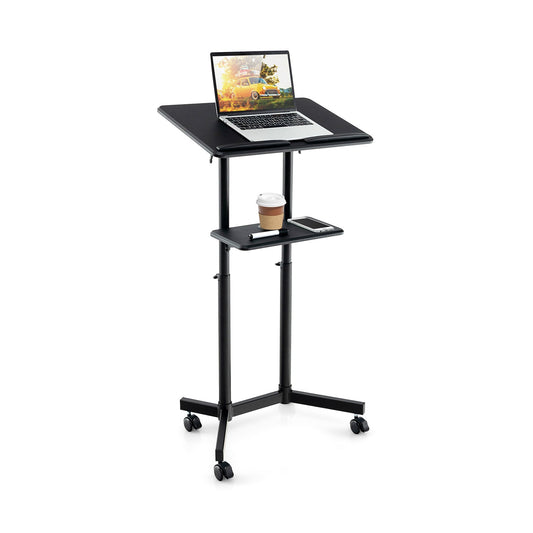 Mobile Lectern Podium Height-adjustable Rolling laptop cart with Tilting Top-Black