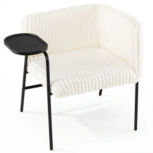 Modern Accent Chair with Tray Table Corduroy Upholstered Armchair-Beige
