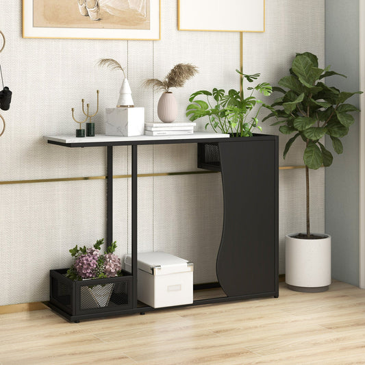 Modern Sofa Accent Console Table with 2 Storage Mesh Cubes-Black & White