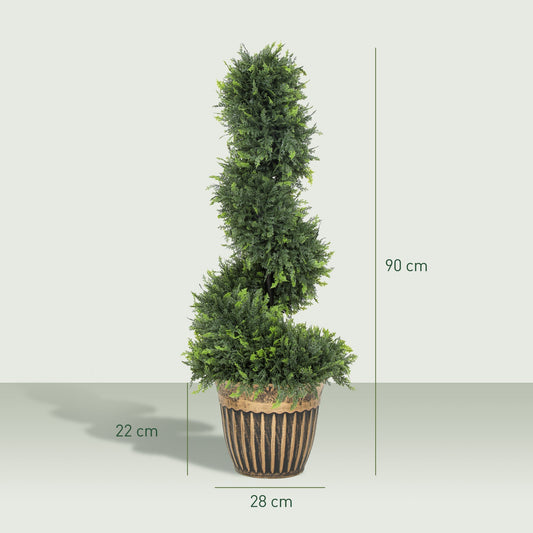 HOMCOM Set of 2 Artificial Plants, Topiary Spiral Boxwood Cypress Trees with Pot, for Home Indoor Outdoor Decor, 90cm