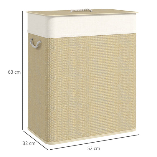 HOMCOM Double Laundry Basket with Lid, 100L Bamboo Laundry Hamper with Rope Handles, Washing Basket with Removable Liner for Bathroom, Bedroom, Cream White