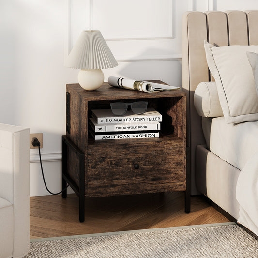 Nightstand with Charging Station 3-Tier Bedside Table with Drawer-Brown