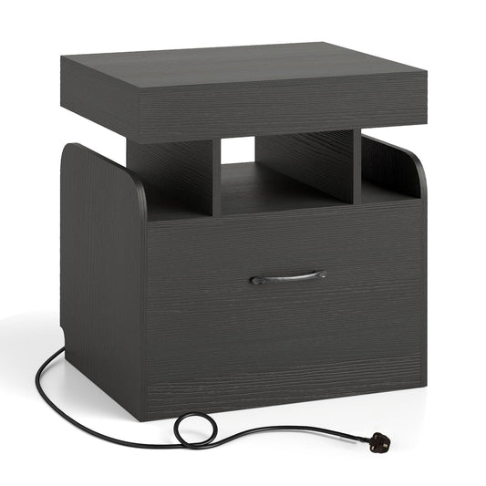 Nightstand with Charging Station with Drawer and Sliding Top Storage-Black