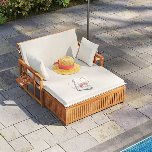 Outdoor Daybed Acacia Wood Loveseat with Storage Ottoman and Cushions-White