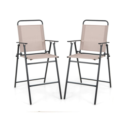 Outdoor Folding Bar Chair Set of 2 with Backrest Armrests Footrest-Beige