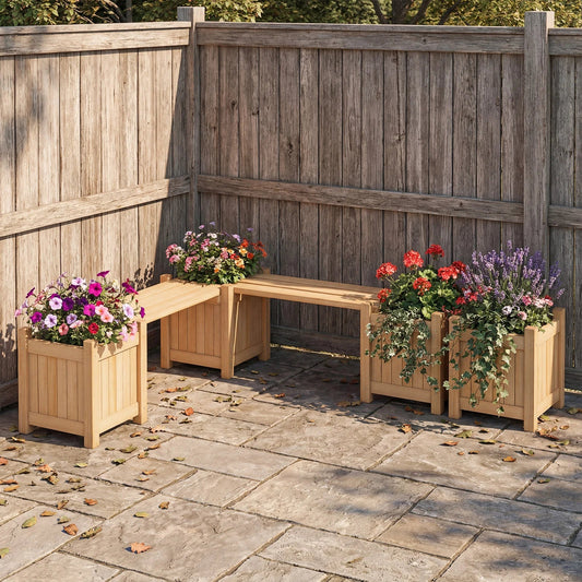 3-in-1 Outdoor Planter Box with Bench 2-Person Outdoor Bench-Natural