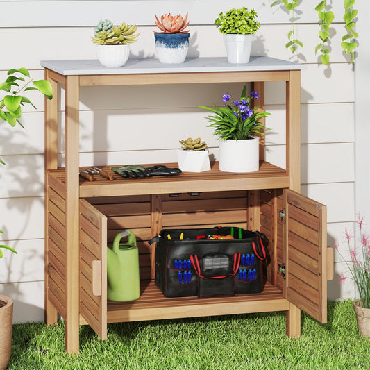 Outdoor Potting Bench with Resin Tabletop and Storage Shelf
