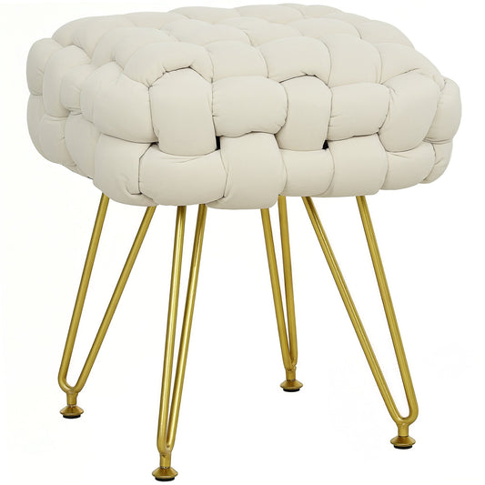 HOMCOM Woven Velvet Foot Stool with Steel Legs for Living Room, Cream White