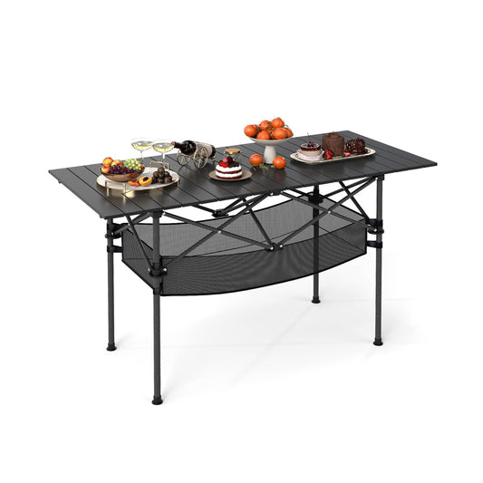 Patio Folding Camping Table Picnic Table with Aluminum Roll-up Tabletop-Black