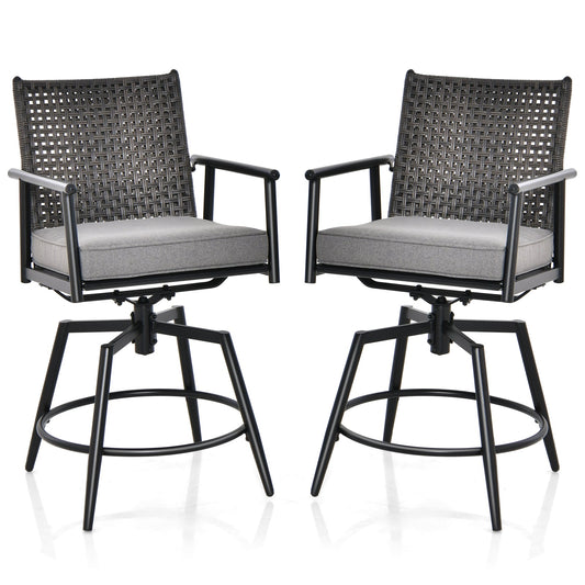 Patio Swivel Bar Stools Set of 2 with PE Rattan Back and Metal Frame-Black