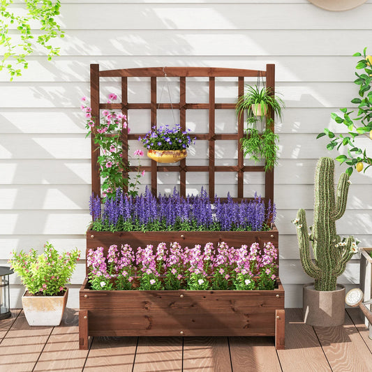 Raised Garden Bed with Lattice Trellis and Drainage Holes-Rustic Brown