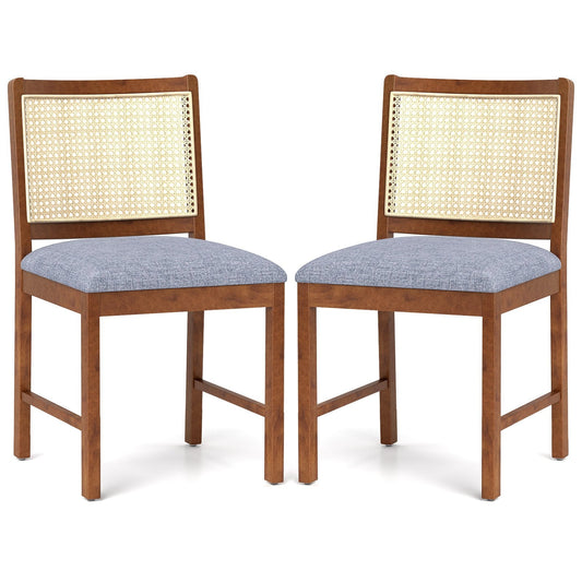 Rattan Dining Chair Set of 2 with Rubber Wood Frame and Linen Fabric Padded-Walnut
