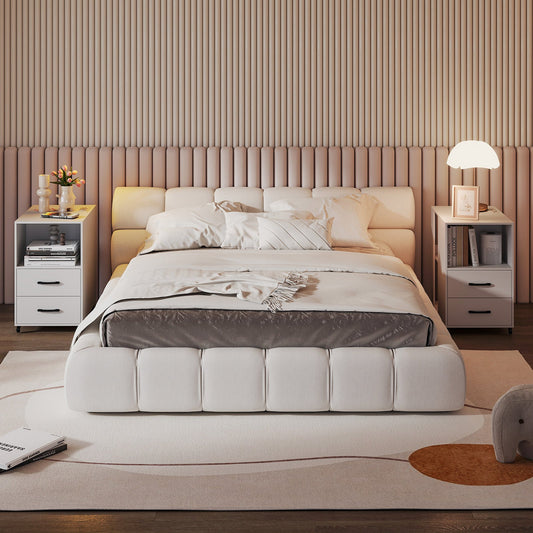 Rolling Nightstand with Storage Drawers and Shelves for Bedroom-White