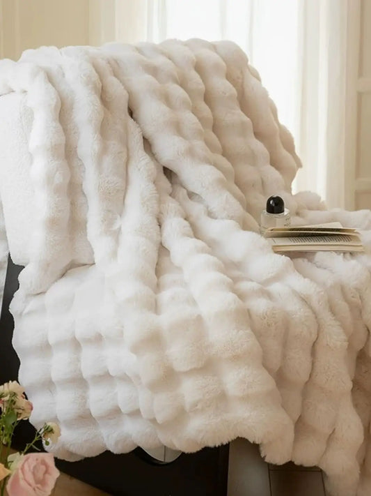 1 PC Faux Rabbit Fur ,Luxury Soft, Warm Bubble Blanket, | Cozy Throw for Bedroom, Guest Room, Living Room,4lb