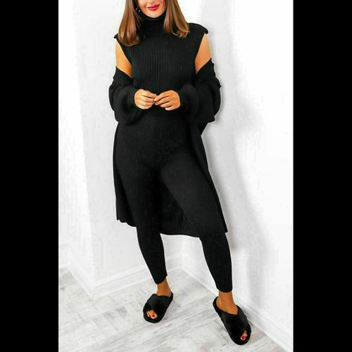 Ladies 3 Piece Suit Roll Neck Chunky Knitted Ribbed Tracksuit Lounge Set