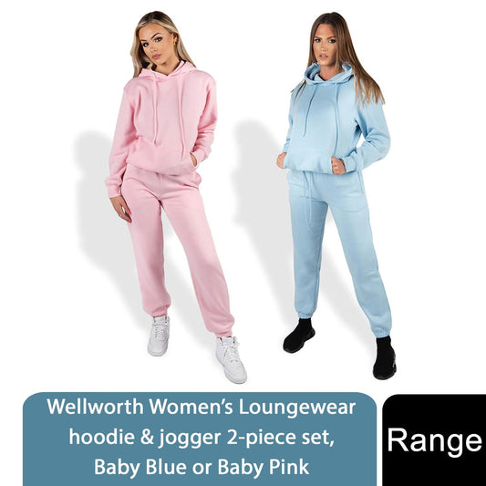 Wellworth Women's Loungewear Hoodie & Jogger 2pcs Set, Baby Blue or Baby Pink