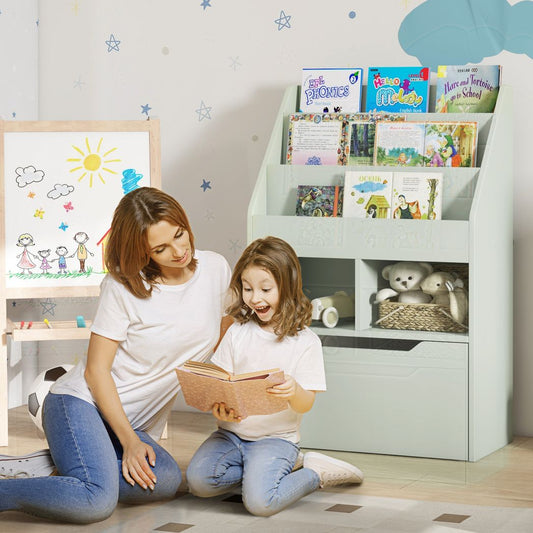 HOMCOM Kids Bookcase, Toy Box w/ Storage Drawer, Wheels for Bedroom