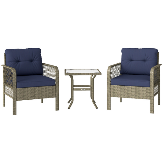 Outsunny 3 Pieces Rattan Bistro Set with Tempered Glass Table