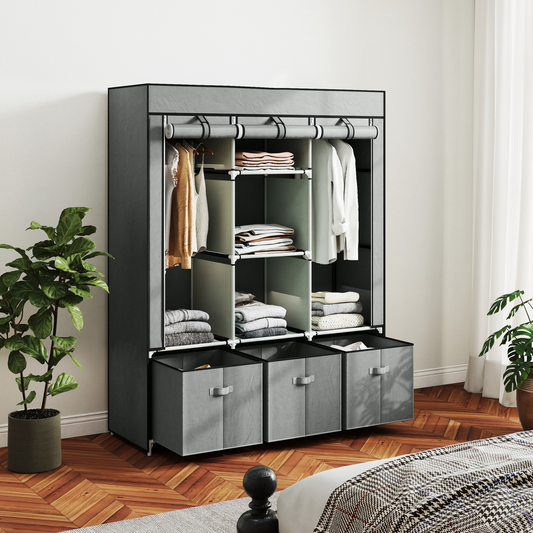 HOMCOM Portable Wardrobe w/ 5 Shelves 3 Fabric Drawers and 2 Hanging Rails