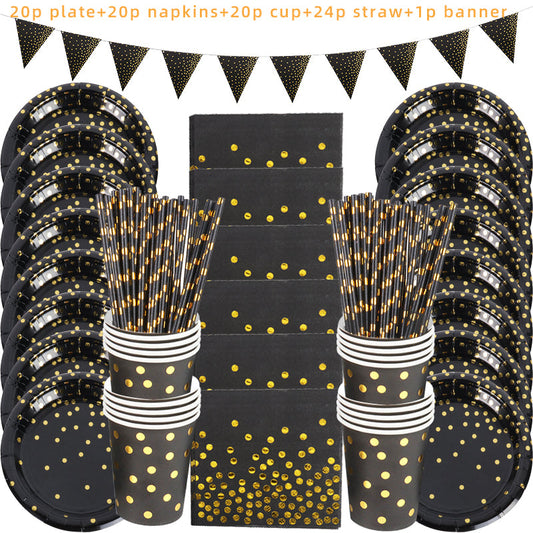WEIGAO Black Gold Dot Stamping Party Tableware Set for Celebrations