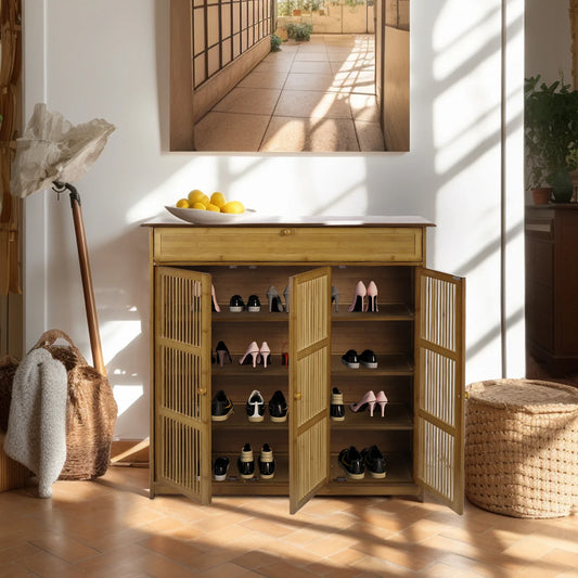 Vintage Bamboo Shoes Rack, 4-Tier Storage Cabinet, Entryway Shoe Organizer, Living Room, Bedroom, 3 Doors