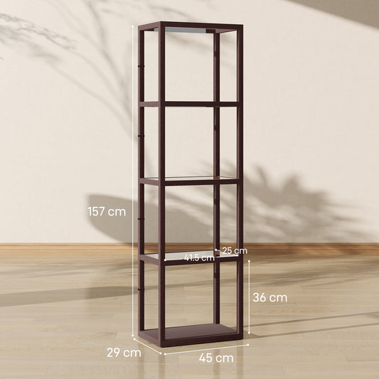 HOMCOM LED Floor Lamp with Glass Shelves, 4 Layers Dimmable Tall Standing Lamp, Modern Column Shelf Floor Light for Living Room, Bedroom, Office, Dark Brown