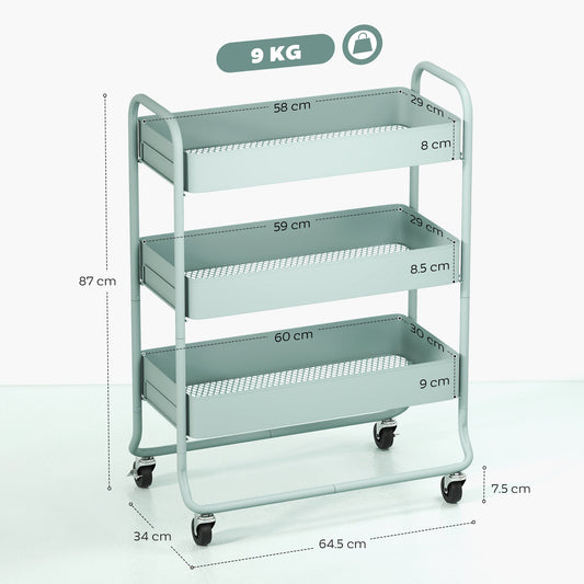 HOMCOM 3-Tier Storage Trolley on Wheels, Rolling Utility Cart with Mesh Backets for Kitchen, Bathroom, Bedroom, Light Green