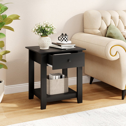 Set of 2 Nightstand with Drawer 3-Tier Modern Bedside Table-Black