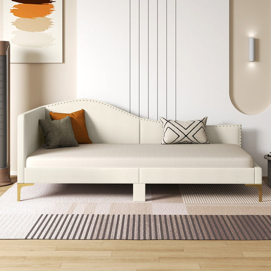Single Size Upholstered Daybed Rivet-Tufted Platform Bed with Metal Legs-Beige