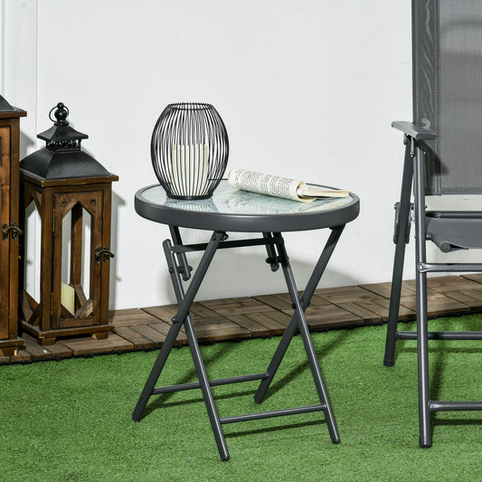 Outsunny \'ce\'a645cm Garden Side Table, Outdoor Round Folding Patio Table with Imitation Marble Glass Top, Small Coffee Table, White