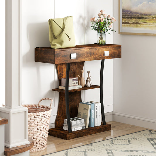 T-Shaped Foyer Console Table for Small Space with Dual Drawers-Rustic Brown