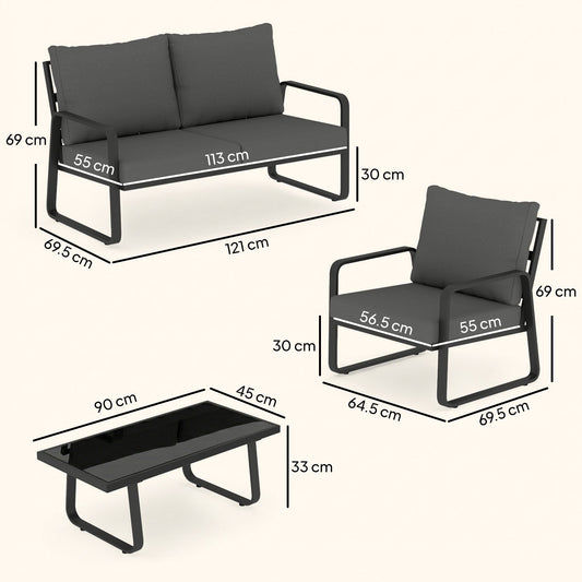 Outsunny 4 Piece Garden Furniture Set, Outdoor Sofa Set with Loveseat, 2 Armchairs, Coffee Table and Cushions