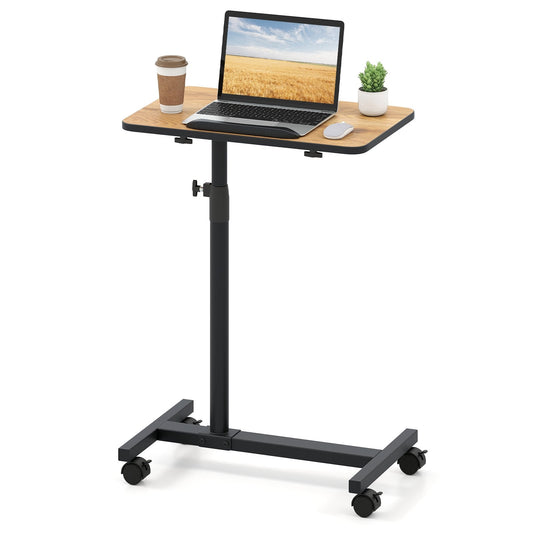 Overbed Table Tilting Bedside Table with Lockable Wheels Adjustable Height-Brown