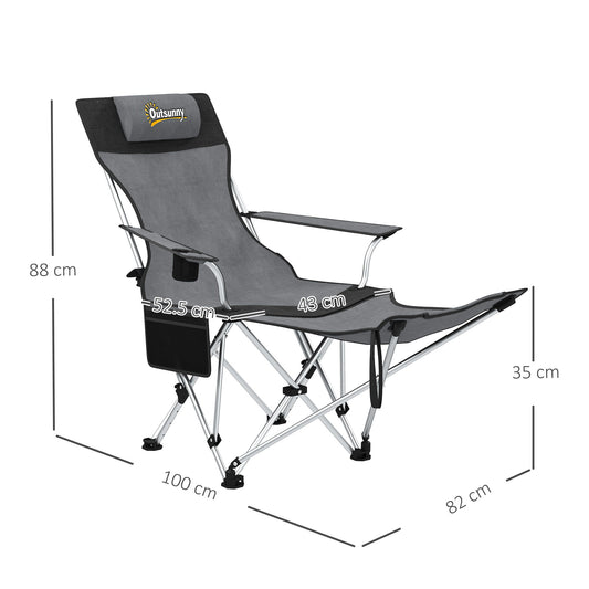 Outsunny Set of 2 Reclining Folding Camping Chair w/ Detachable Footrest, Storage Bag, Cup Holder & Headrest, Lightweight Portable Camp Chair for Beach, Picnic, Grey and Black