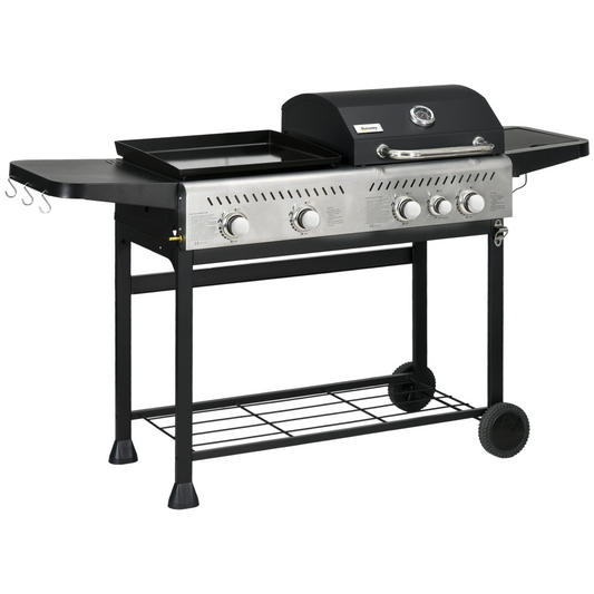 Outsunny Gas Grill and Plancha with 15 kW 4+1 Burners for Garden Party Festival