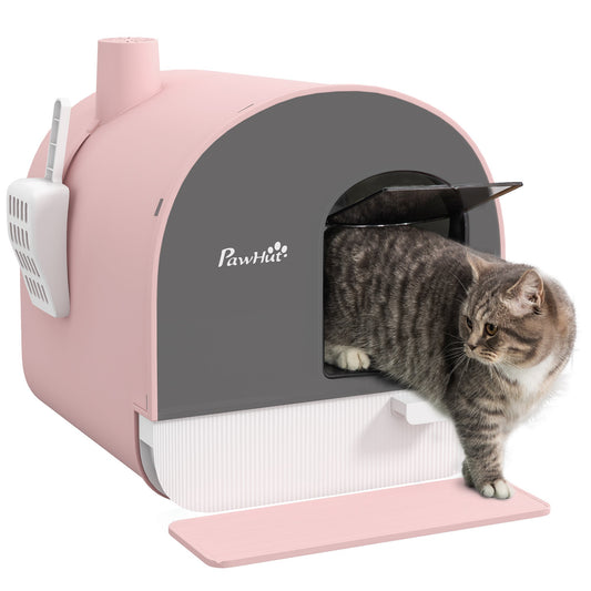 PawHut Cat Litter Box Kitten Litter Tray w/ Lid, Scoop, Filter, Flap Door, Pink