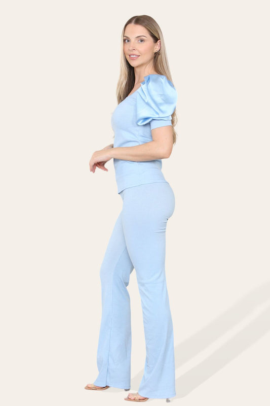Silky Satin Puff Sleeves Ribbed Lounge Set