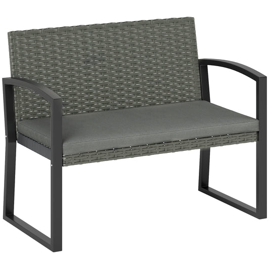 Outsunny 2 Seater Rattan Garden Bench with Cushion, Steel Frame