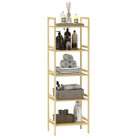 HOMCOM 5-Tier Bamboo Bathroom Storage Shelf with Adjustable Rack