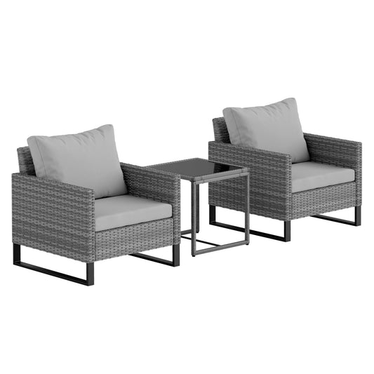 Outsunny 3PCS Rattan Bistro Set Glass Top Table and Chairs with 4 Cushions